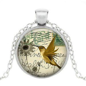 Silver Hummingbird Flower Cabochon Pendant Necklace 20" Party Gift